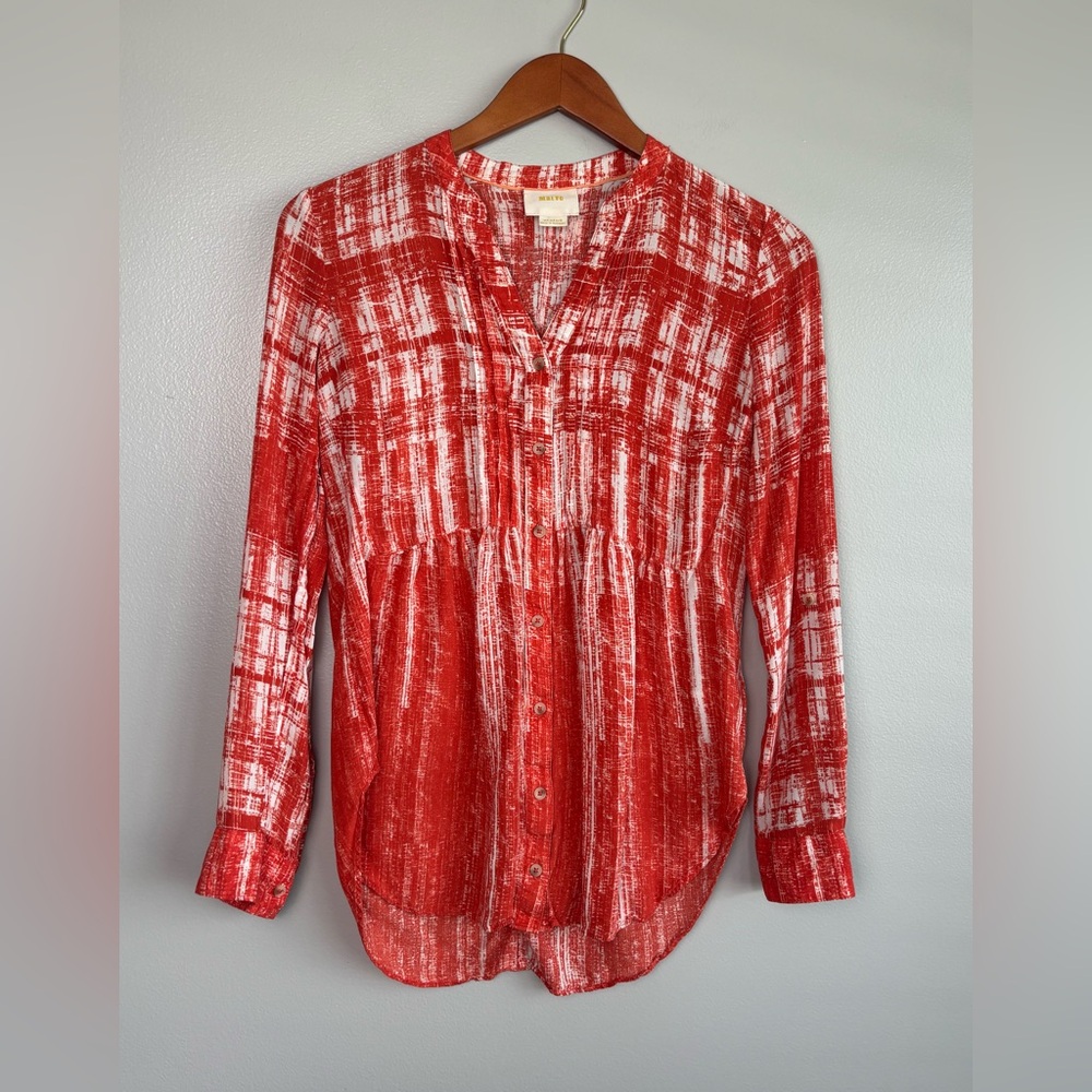 Maeve Anthropologie Calia 3/4 Sleeve Tunic Top Orange White Button Down V-Neck 4